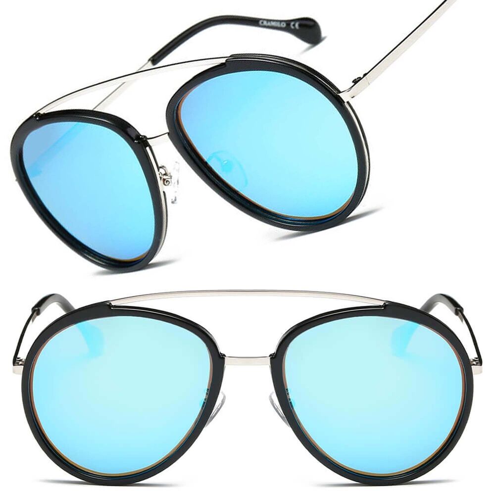 Circle Round Brow-Bar Fashion Blue Mirrored Lens Womens Sunglasses